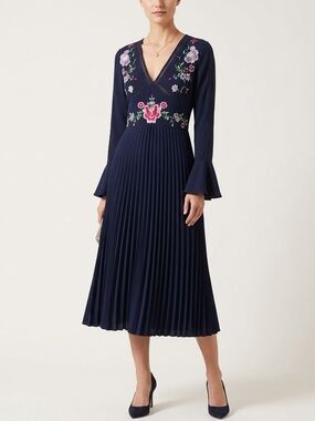 ASOS Navy V‑Neck Pleated Midi Dress with Floral Embroidery Size 10